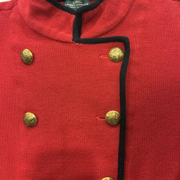 Lauren Ralph Lauren Jean Co Knit‎ Blazer Red Cotton XL Gold Buttons Military - Picture 3 of 15